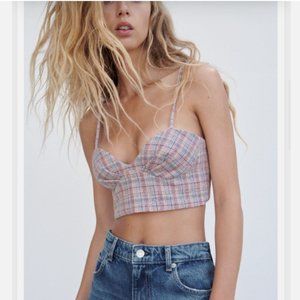 Pink and blue plaid tweed crop top - xs